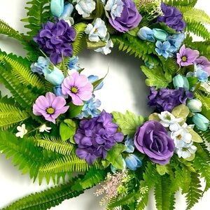 Spring Wreath With Blue Tulips & Purple Florals 25" Diameter On Grapevine Base